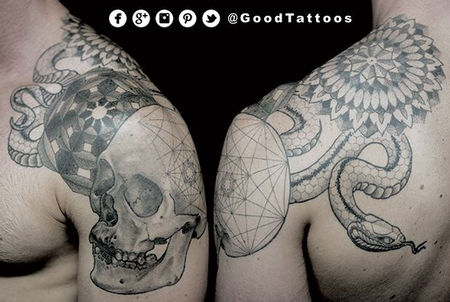 tattoos/ - Geometric Pattern Skull and Snake - 100287